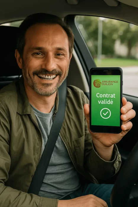 Conducteur soulagé montrant son téléphone avec contrat d’assurance validé, après une résiliation liée à l’alcoolémie. Logo Assurance du Lion visible.
