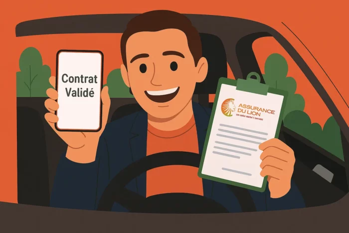 Illustration d’un conducteur souriant après avoir trouvé une solution d’assurance auto chez Assurance du Lion après un délit de fuite.