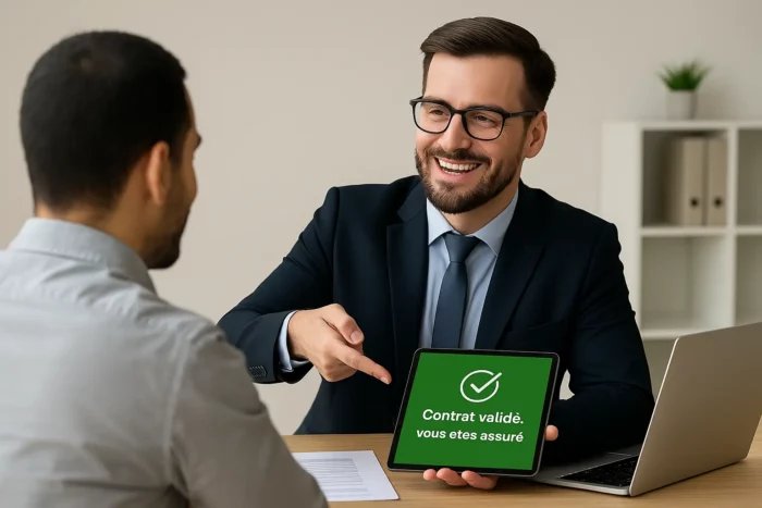Un conseiller en assurance montre une tablette affichant "Contrat validé, vous êtes assuré" à un client satisfait dans un bureau professionnel