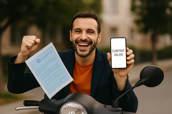 Homme soulagé avec un scooter assuré après un retrait de permis, tenant son téléphone avec l’écran “contrat validé”.