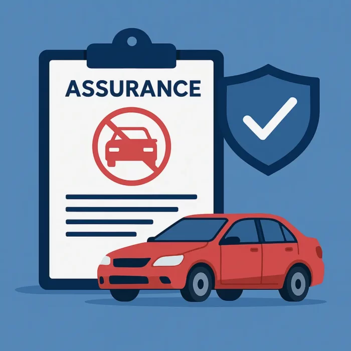Illustration d’une voiture assurée sans contrôle technique, avec bouclier de protection et document d’assurance.