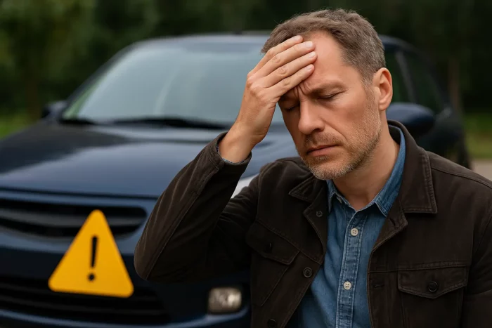 Homme debout devant sa voiture, représentant une situation d’assurance compliquée sans contrôle technique à jour.