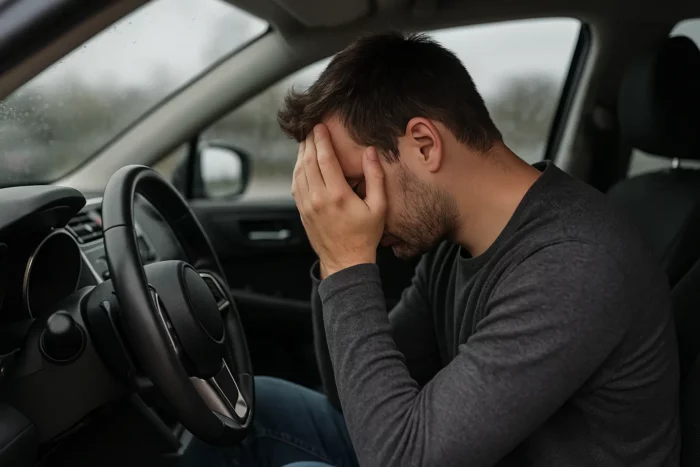 Conducteur stressé dans sa voiture après avoir été refusé par plusieurs assureurs à cause d’un malus élevé