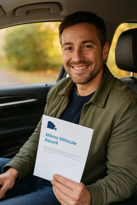 Conducteur soulagé tenant son attestation d’assurance auto après avoir été refusé par les assureurs classiques