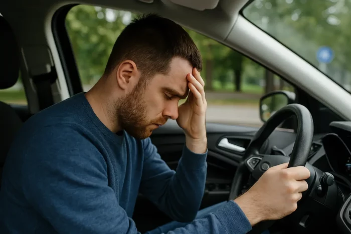 Homme en stress après une suspension de permis liée à la conduite sous l’emprise de stupéfiants