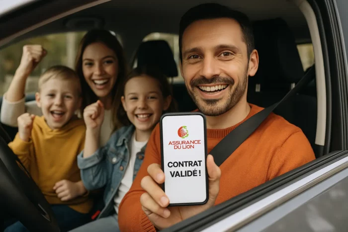 Une famille souriante à bord d’un véhicule, le père tenant un smartphone affichant un contrat auto validé chez Assurance du Lion.