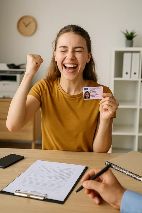 Permis annulé stupéfiants assurance auto Une femme souriante tient son nouveau permis de conduire après avoir réussi toutes les démarches administratives.