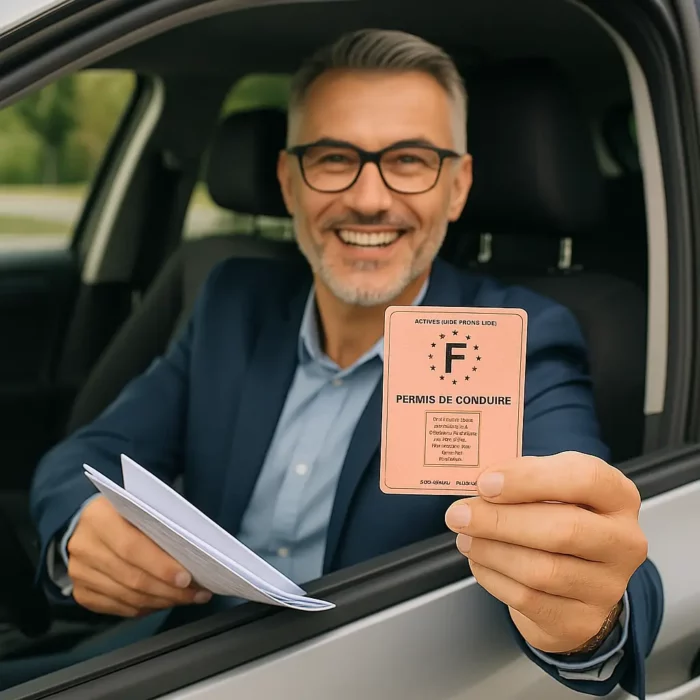 Permis annulé stupéfiants assurance auto Un conducteur souriant tient son permis de conduire dans sa voiture après l’avoir récupéré, suite à une annulation pour stupéfiants.