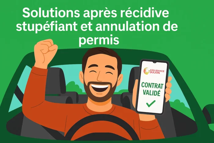Illustration d’un conducteur heureux après avoir trouvé une assurance auto malgré une récidive stupéfiants et une annulation de permis.