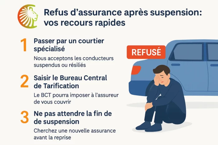 Conducteur stressé devant une voiture refusée par l’assurance, avec les 3 solutions proposées par Assurance du Lion