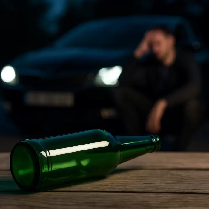 Verre d’alcool vide à côté d’un trousseau de clés, symbole des risques liés à la conduite en état d’ivresse