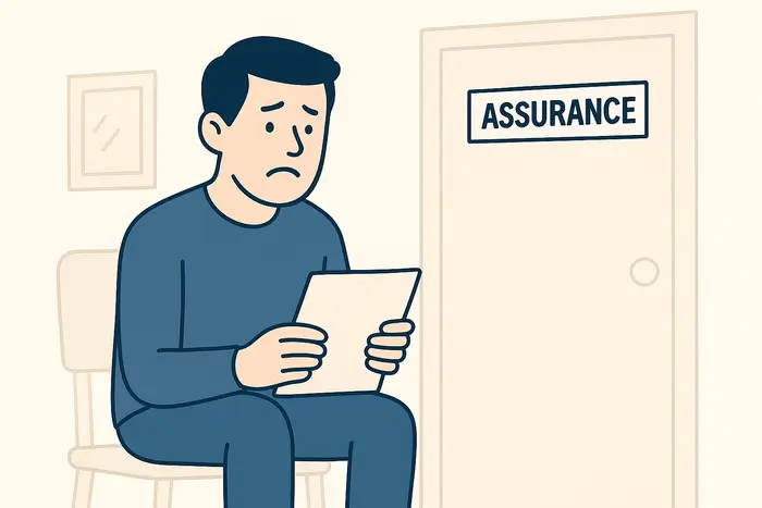 Illustration d’un conducteur inquiet tenant un dossier dans une salle d’attente d’assurance, après un refus lié à une alcoolémie