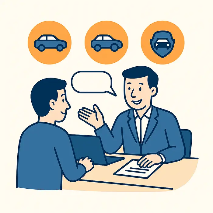 Illustration d’un conseiller assurance souriant expliquant des solutions à un client après un refus d’assurance lié à une alcoolémie
