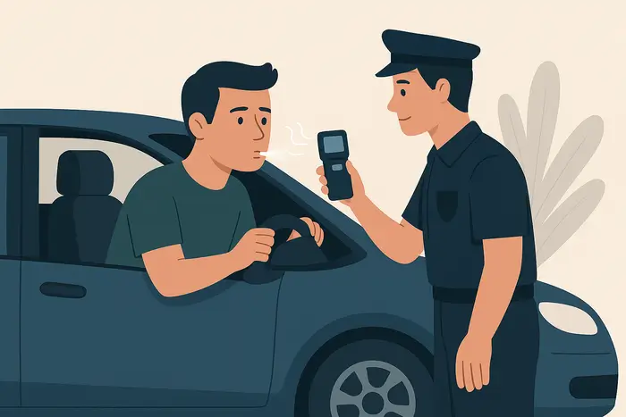 Conducteur stressé lors d’un contrôle routier pour alcoolémie avec un agent tenant un éthylotest