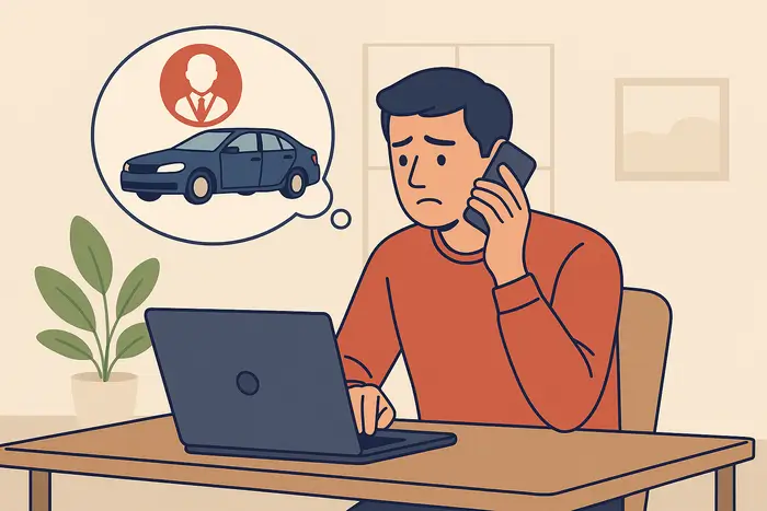 Scène stylisée d’un conducteur inquiet contactant un courtier pour assurer sa voiture après une immobilisation liée aux stupéfiants