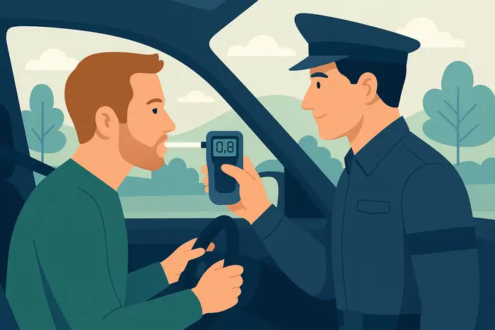 Illustration vectorielle UX montrant un conducteur arrêté après un test alcool positif, en attente de contrôle d’assurance