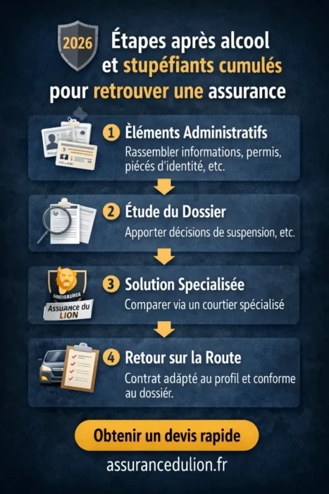 Infographie expliquant les étapes pour retrouver une assurance après alcool et stupéfiants cumulés en 2026.