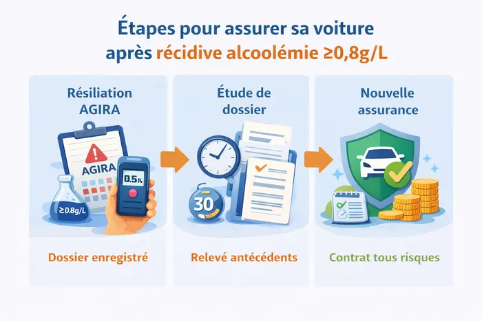 Infographie sur les étapes pour assurer sa voiture après une récidive alcoolémie 0.8g/L avec délai AGIRA.