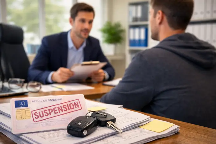 Conducteur en rendez-vous avec un conseiller pour retrouver une assurance auto après une suspension longue durée du permis en 2026.
