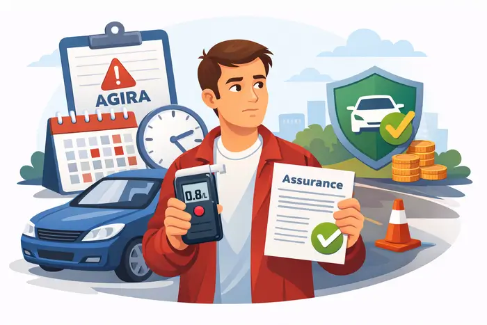 Illustration assurance auto après récidive alcoolémie 0.8g/L avec délai AGIRA et solution de contrat spécialisé.