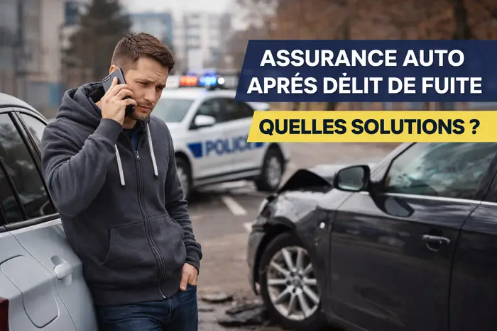 Homme inquiet téléphonant après un accident avec délit de fuite, en présence d’un véhicule de police et d’une voiture endommagée.