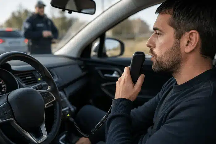 Conducteur utilisant un éthylotest anti-démarrage après une récidive d’alcoolémie pour démarrer son véhicule.