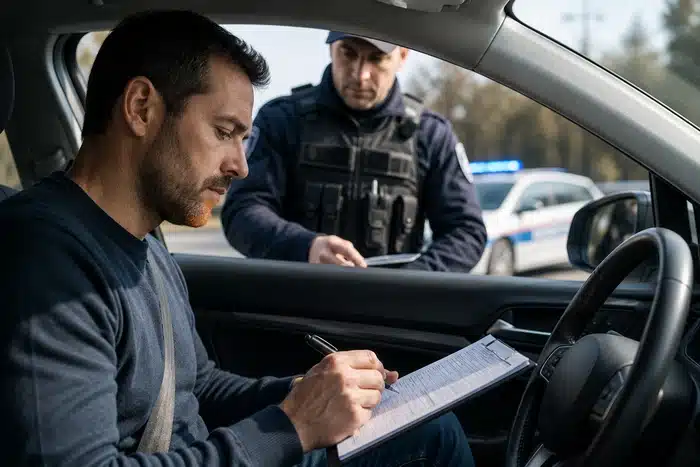 Conducteur signant un document lors d’un contrôle routier après une récidive d’alcoolémie avec conséquences sur le permis de conduire.