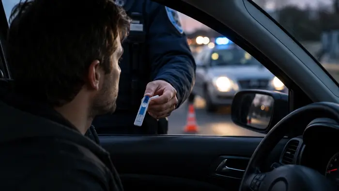 Contrôle routier avec test salivaire de dépistage du cannabis effectué sur un conducteur.