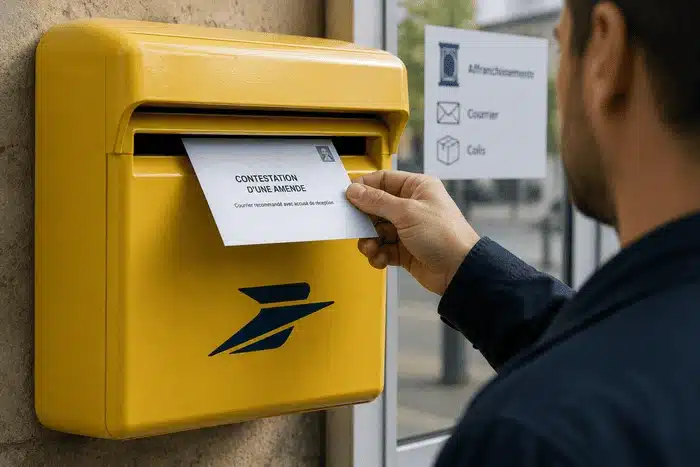 Personne déposant un courrier de contestation d’une amende dans une boîte aux lettre