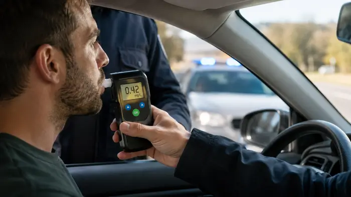 Contrôle d'alcoolémie lors d'un dépistage routier avec un éthylotest affichant un résultat en mg/L.