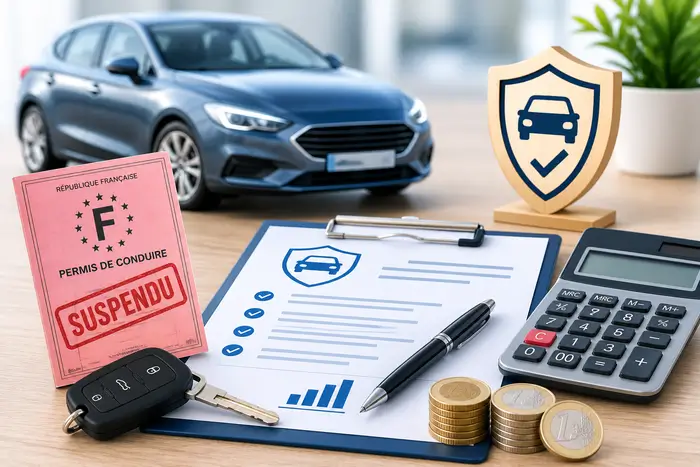 Calcul du prix d’une assurance auto après suspension de permis avec permis suspendu, voiture, contrat et calculatrice.