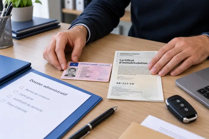 Permis de conduire et carte grise préparés pour un devis d'assurance jeune conducteur malussé