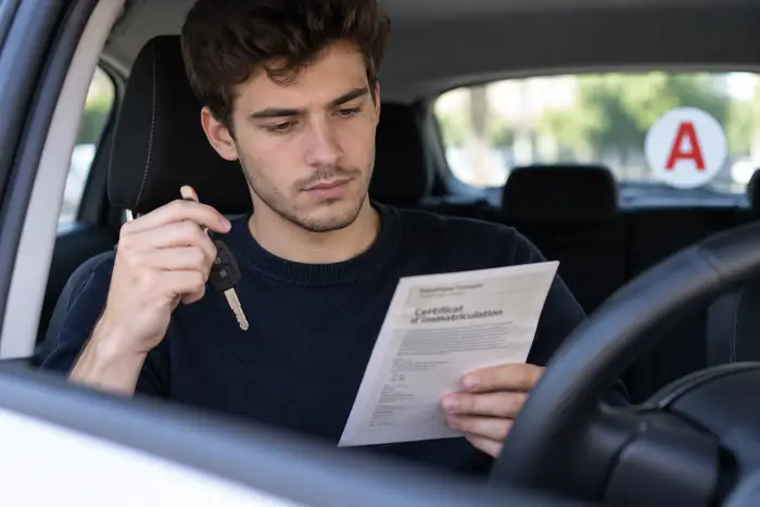 Jeune conducteur malussé consultant son dossier d'assurance auto après un accident responsable