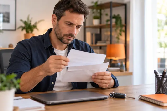 Conducteur lisant un courrier sur son inscription au fichier AGIRA après une résiliation